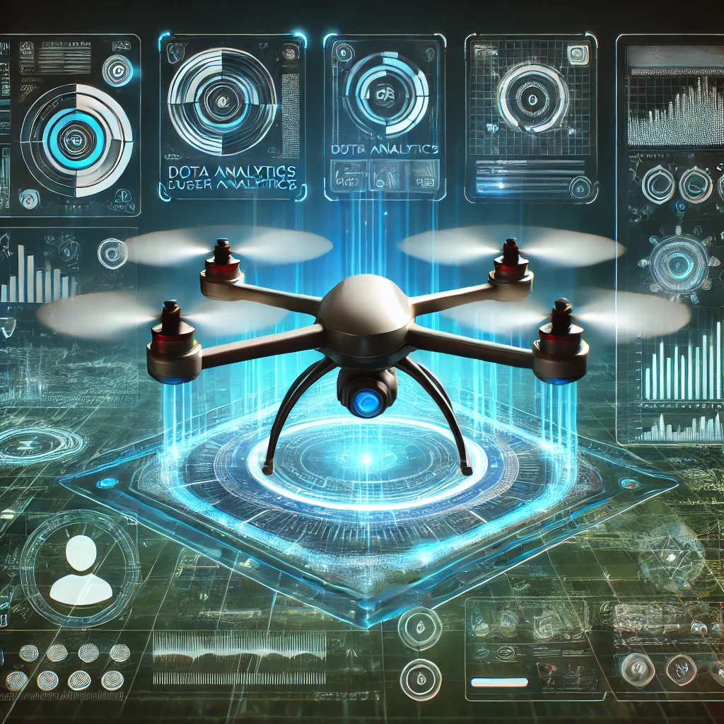 DALL·E 2025-01-28 22.25.46 - A futuristic drone software concept illustration. A high-tech drone hovering in the air, surrounded by holographic user interfaces displaying data ana