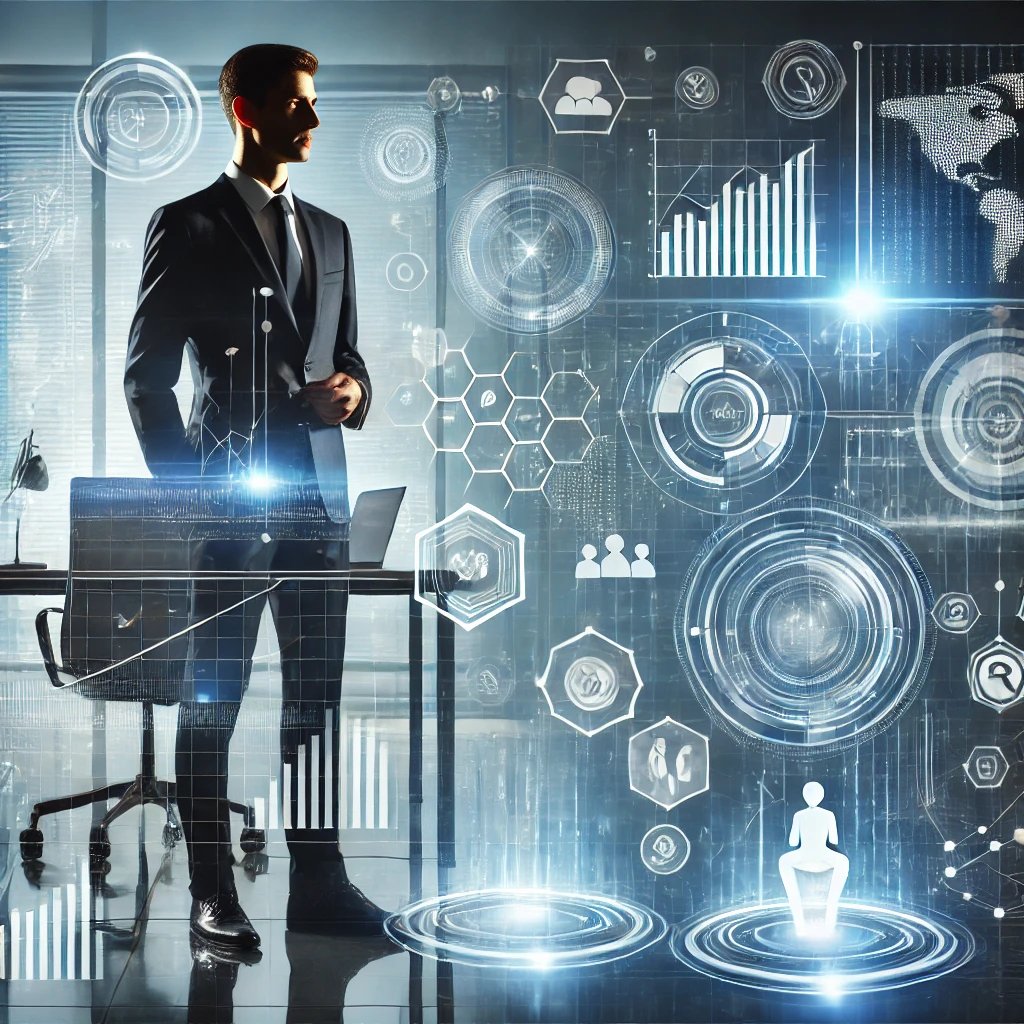 DALL·E 2025-01-28 22.27.17 - A modern consulting concept illustration. A professional consultant in a sleek office environment, surrounded by holographic business analytics, strat