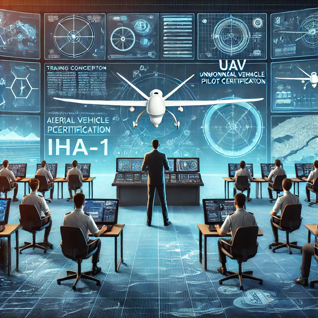 DALL·E 2025-01-28 22.31.55 - A training concept illustration for UAV (Unmanned Aerial Vehicle) Pilot Certification (IHA-1). A group of students in a modern aviation training cente