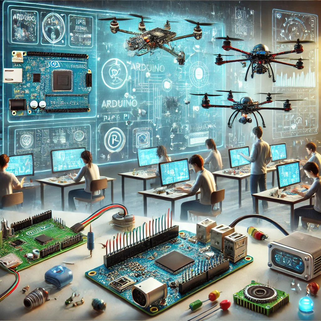 DALL·E 2025-01-28 22.35.55 - An educational concept illustration for modular electronics, featuring Arduino, Raspberry Pi, and Pixhawk flight controllers with their respective sen