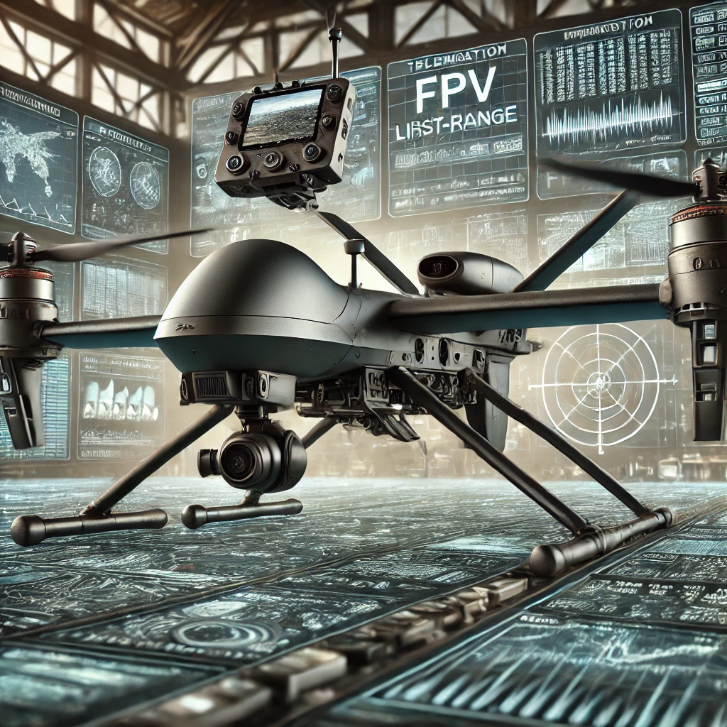 DALL·E 2025-01-28 23.54.53 - A tactical FPV (First-Person View) drone designed for strategic missions. The drone has a rugged design, equipped with a high-resolution FPV camera, l