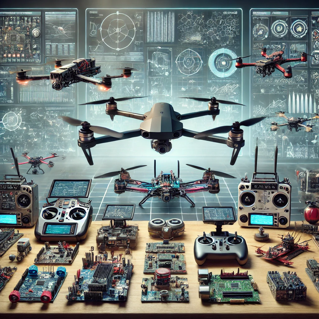 DALL·E 2025-01-29 00.42.03 - A hyper-realistic and comprehensive illustration showcasing various drone types and components. The scene includes FPV drones, tactical drones with pa