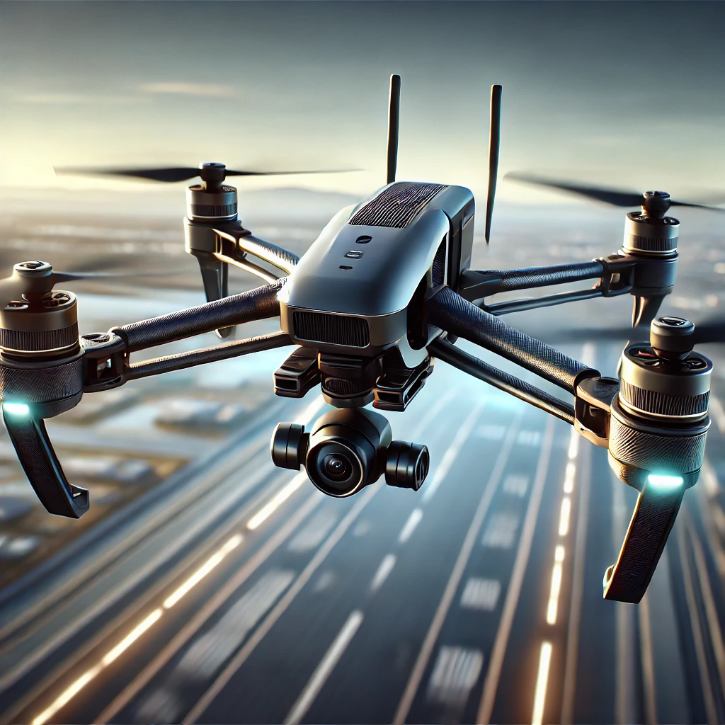 DALL·E 2025-01-29 01.47.26 - A highly realistic FPV (First-Person View) drone designed for professional use, featuring a sleek frame with aerodynamic arms, a front-mounted high-de