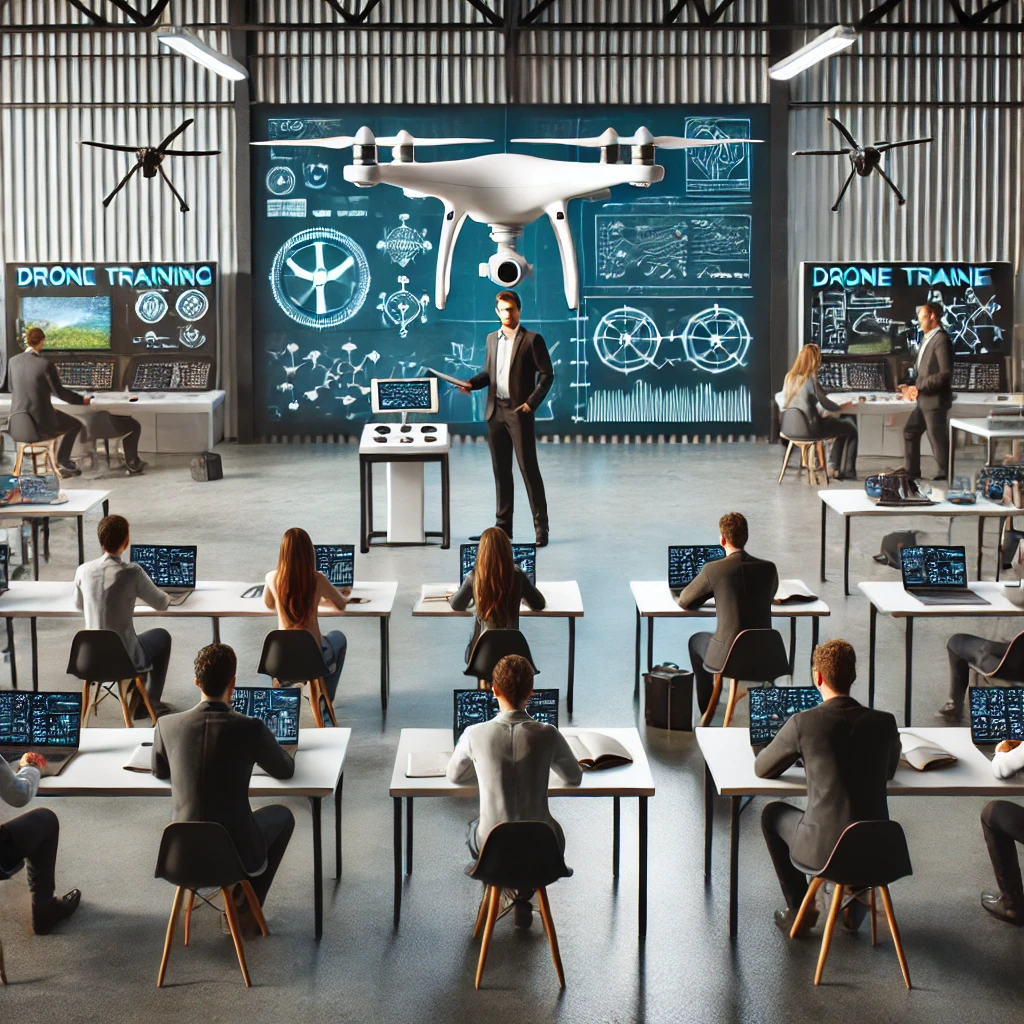 DALL·E 2025-01-29 01.47.30 - A realistic scene of a drone training and consulting session. The setting includes a professional instructor guiding students in a modern classroom eq