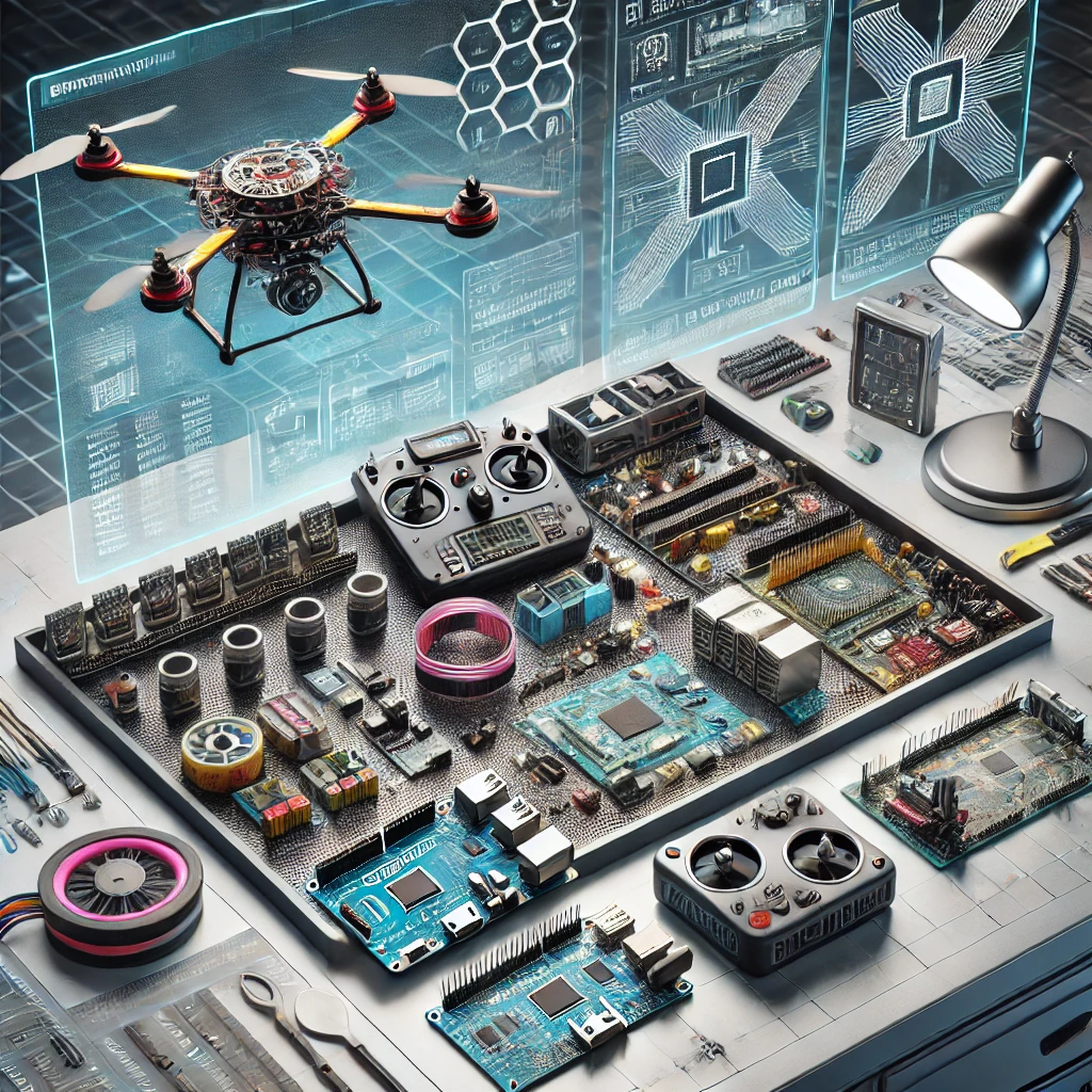 DALL·E 2025-01-29 01.47.35 - A realistic illustration of modular electronic components for projects, featuring Arduino boards, Raspberry Pi, Pixhawk flight controllers, and variou